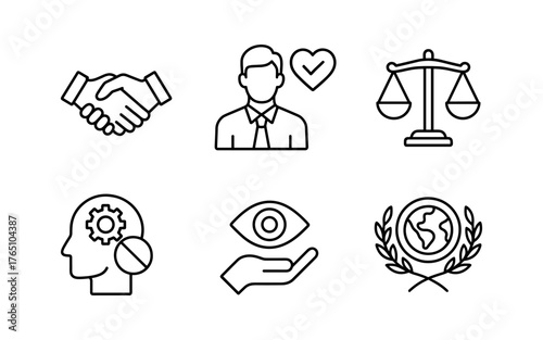Business and ethics icon set featuring handshake, leadership, justice, and innovation symbols