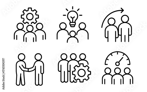 Linear icons of teamwork, innovation, and efficiency for business success
