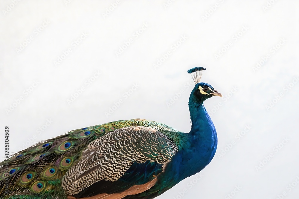 Naklejka premium A peacock with vivid and elaborate feathers is showcased in a natural environment, highlighting its striking appearance.