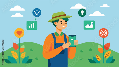 A farmer receiving realtime alerts on his phone from soil health sensors when certain levels in the soil reach critical levels.. Vector illustration