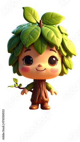 A cute and whimsical tree character with green leaves for hair and a woody trunk body. It's adorable and friendly!