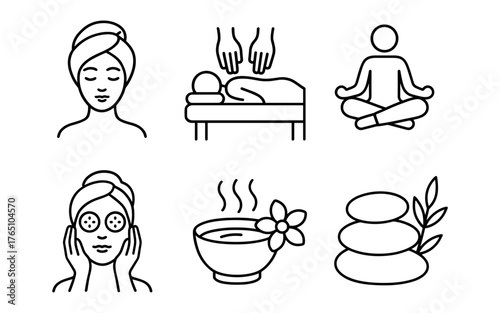 Spa and relaxation icons: wellness, massage, meditation, skincare, hot stones