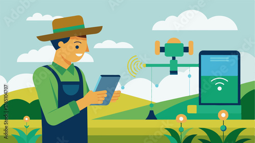 A farmer used a mobile app to remotely control the settings of an irrigation pivot ensuring water was being distributed evenly across the field. This remote control technology. Vector illustration