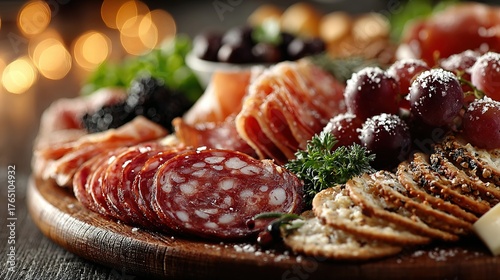 Gourmet Charcuterie Board with Salami, Grapes, Crackers, and Bokeh Lights