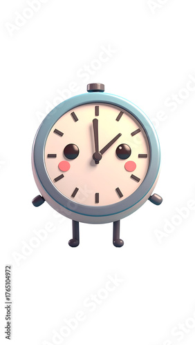 A cute animated clock with a light blue frame, tiny legs, and an adorable face. It looks so happy to be showing the time!
