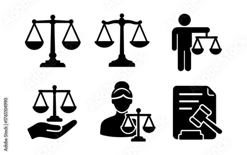 Legal symbols collection: scales of justice, judge, and gavel icons in silhouette style