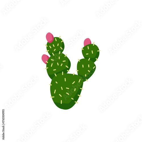 Stylized Green Cactus Illustration With Pink Buds For Desert Decor And Nature Art