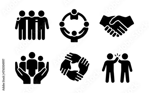 Collaborative teamwork icons representing unity and support in black silhouettes