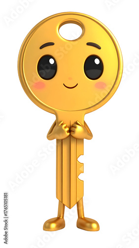 A cute golden key character smiles with rosy cheeks, black eyes, and tiny hands, set against a stark black background.