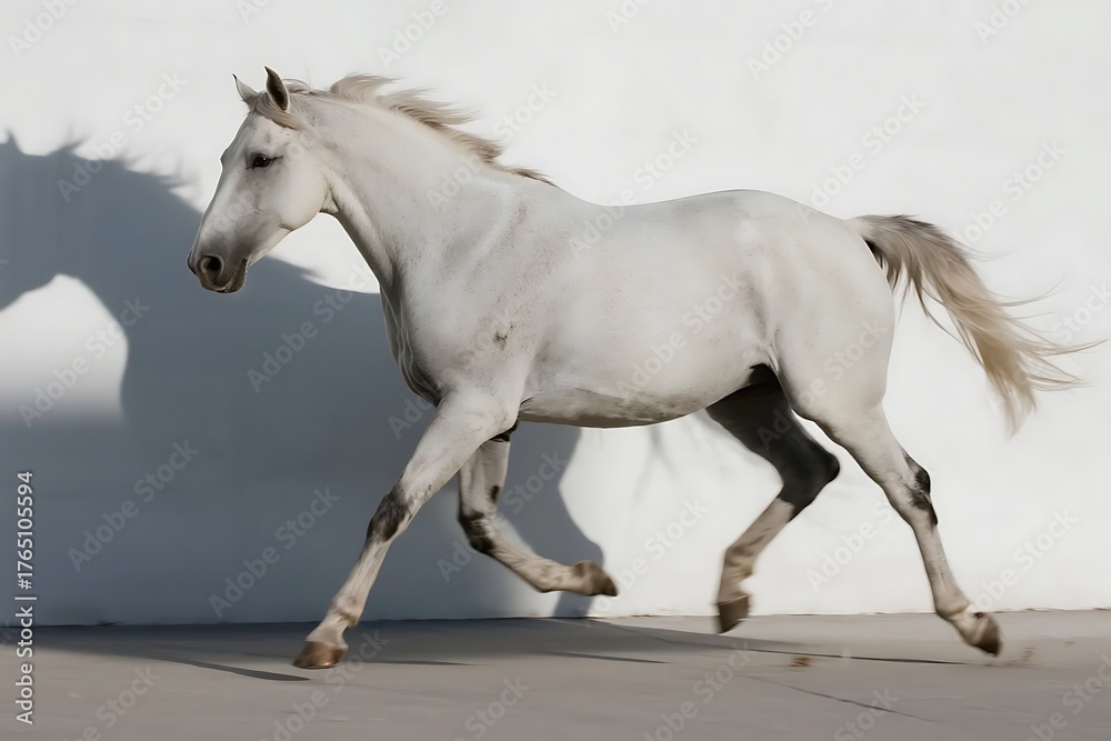 Obraz premium A white horse is galloping with its mane and tail flowing, showcasing its graceful and powerful movement.