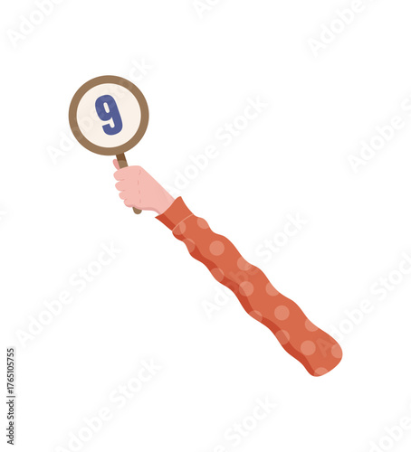 Cartoon hand holding circular nine rating icon. Arm displaying ranking circle with 9 for feedback or review. Customer satisfaction survey, evaluation, and service quality score. Isolated clean layout