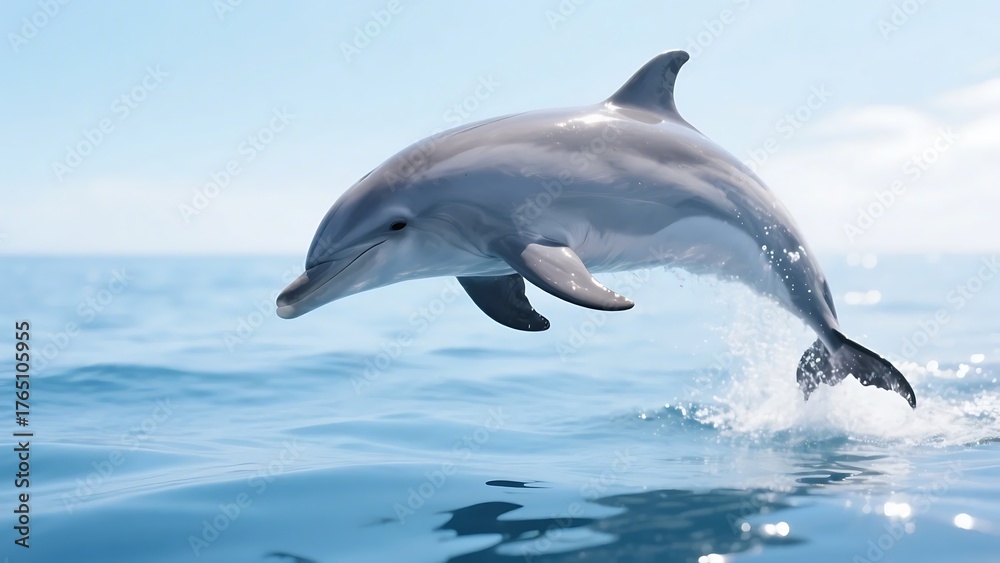 Fototapeta premium A dolphin is seen leaping energetically out of the clear blue ocean water, showcasing its graceful movement.