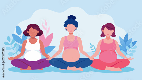 A prenatal yoga class incorporating soothing music and gentle movements promoting relaxation and reducing stress for expecting mothers.. Vector illustration