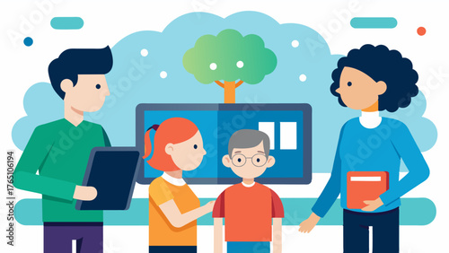 A family in a rural community uses a touchscreen installed in their local library to access online brain training programs increasing their access to cognitive exercises.. Vector illustration