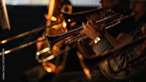 Close up of musician playing trumpet during concert