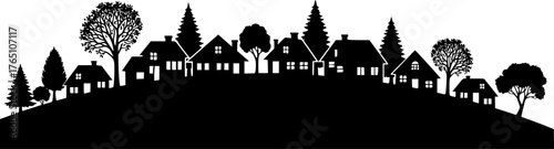 Neighborhood silhouette. This image portrays a collection of houses and trees in silhouette, showcasing a peaceful residential area with a scenic slope. Vector clipart illustration design.