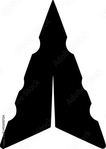 Arrowhead silhouette. This image shows a black silhouette of an arrowhead, which is a pointed, triangular shape often used as a symbol or in designs. Vector clipart illustration design.