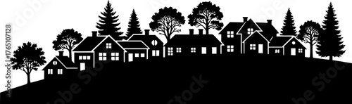Neighborhood silhouette. This image portrays a collection of houses and trees in silhouette, showcasing a peaceful residential area with a scenic slope. Vector clipart illustration design.