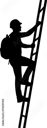 Man on ladder silhouette. This image shows a person climbing a ladder, depicted as a black silhouette symbolizing upward motion and effort. Vector clipart illustration design.