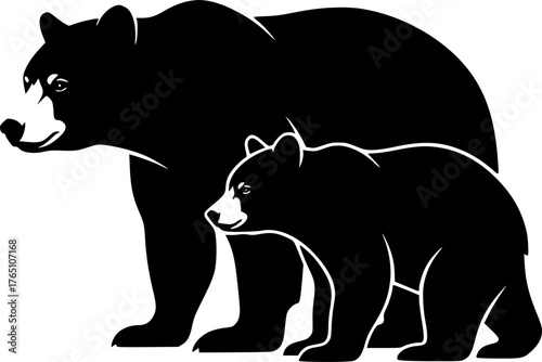 Bear and cub silhouette. This image shows a black silhouette of a bear and its cub standing side by side, symbolizing wildlife and familial bond. Vector clipart illustration design.