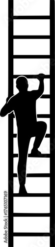 Man on ladder silhouette. This image shows a person climbing a ladder, depicted as a black silhouette symbolizing upward motion and effort. Vector clipart illustration design.