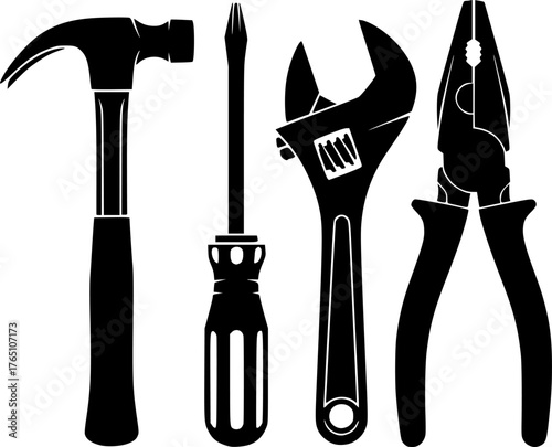 Hand tool silhouettes. A bold black silhouette image of common hand tools, including a hammer, screwdriver, wrench, pliers, symbolizing utility and craftsmanship. Vector clipart illustration design
