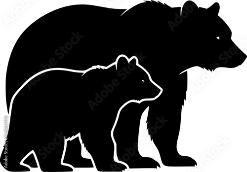 Bear and cub silhouette. This image shows a black silhouette of a bear and its cub standing side by side, symbolizing wildlife and familial bond. Vector clipart illustration design.