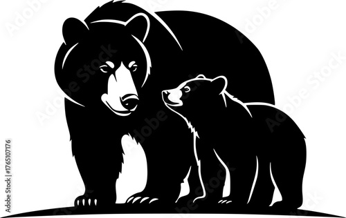 Bear and cub silhouette. This image shows a black silhouette of a bear and its cub standing side by side, symbolizing wildlife and familial bond. Vector clipart illustration design.