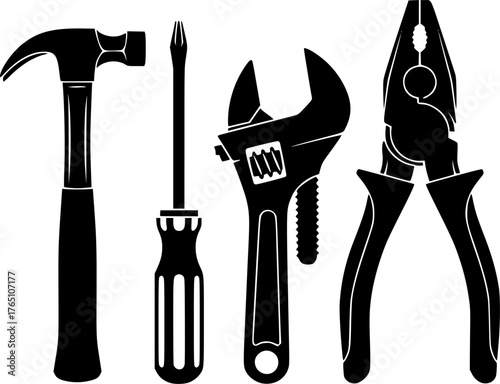 Hand tool silhouettes. A bold black silhouette image of common hand tools, including a hammer, screwdriver, wrench, pliers, symbolizing utility and craftsmanship. Vector clipart illustration design