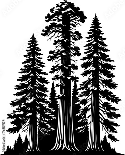 Redwood trees silhouette. This image shows a black silhouette of towering redwood trees, also known as Sequoia sempervirens, with detailed branches and foliage. Vector clipart illustration design.