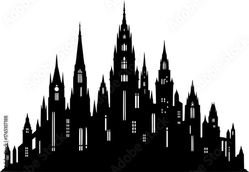 Gotham city silhouette. This shows a bold black white Gotham city silhouette, also urban skyline, with tall spires and buildings, evoking a dark, mysterious metropolis. clipart illustration design. 