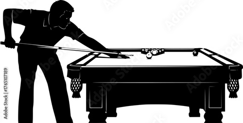 Billiards silhouette. This image shows a silhouette of a billiards player aiming with a cue stick at a billiard ball on a table. Vector clipart illustration design.