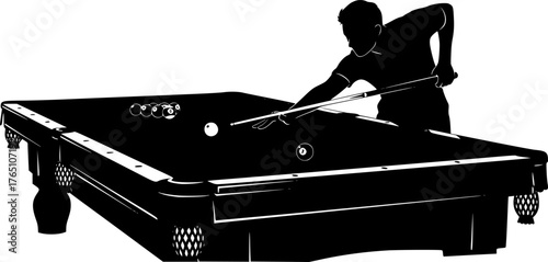 Billiards silhouette. This image shows a silhouette of a billiards player aiming with a cue stick at a billiard ball on a table. Vector clipart illustration design.