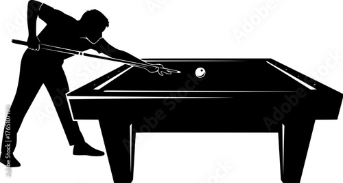 Billiards silhouette. This image shows a silhouette of a billiards player aiming with a cue stick at a billiard ball on a table. Vector clipart illustration design.