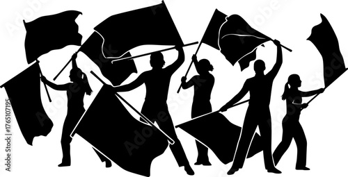 Color guard flag silhouette. The image shows black silhouettes of multiple individuals holding and waving flags, likely representing a color guard performance. Vector clipart illustration design.