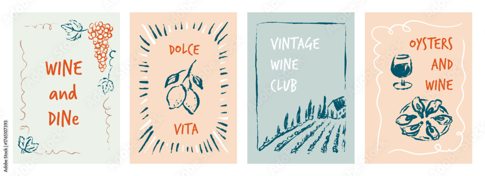 Naklejka premium Set of hand drawn doodle crayon, chalk, pastel, paintbrush wine poster. Pencil sketch drawing for vineyard, vinery design, Italian, French wine farm. Tuscany scenery landscape with chateau and cypress