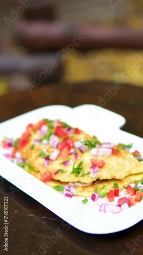 a large potato pancake with vegetables and meat. High quality FullHD footage