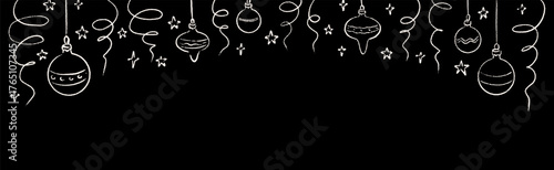 Merry Christmas and happy New Year hand drawn doodle background with Christmas tree ornament bauble, ball and decoration. Chalk border scribble on the blackboard. Xmas holiday pattern