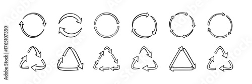 Set of doodle handwriting recycle symbols. Circle round arrow sign. Hand drawn reuse repeat cycle icon. Crayon vector line ecology drawing. Refresh, reset, download scribble illustration