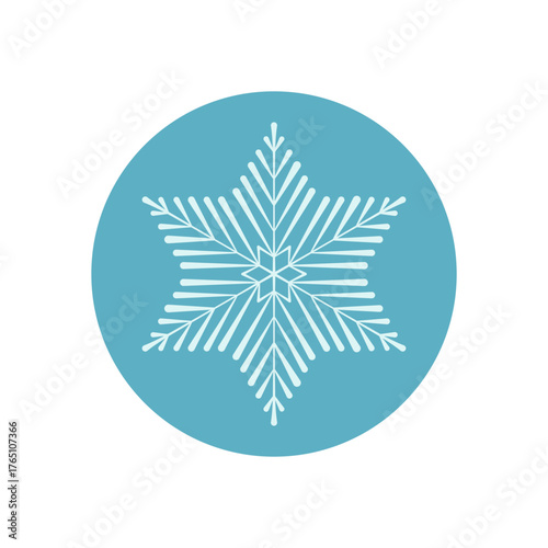 Round blue sticker with white snow flake outline element. Winter icy decoration for box or holiday, includes snowflake, cold frost and christmas touch. Clean and simple flat style.