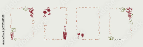 Set of hand drawn chalk, crayon, charcoal, pencil frames with grape vine, bottle and wineglass. Doodle sketch rectangle border design element for restaurant, menu, bar poster, bachelorette invitation
