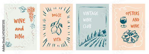 Set of hand drawn doodle crayon, chalk, pastel, paintbrush wine poster. Pencil sketch drawing for vineyard, vinery design, Italian, French wine farm. Tuscany scenery landscape with chateau and cypress