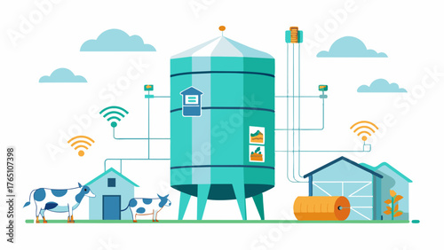A large silo equipped with sensors and AI technology to accurately store and distribute feed for livestock based on nutritional needs and consumption patterns.. Vector illustration