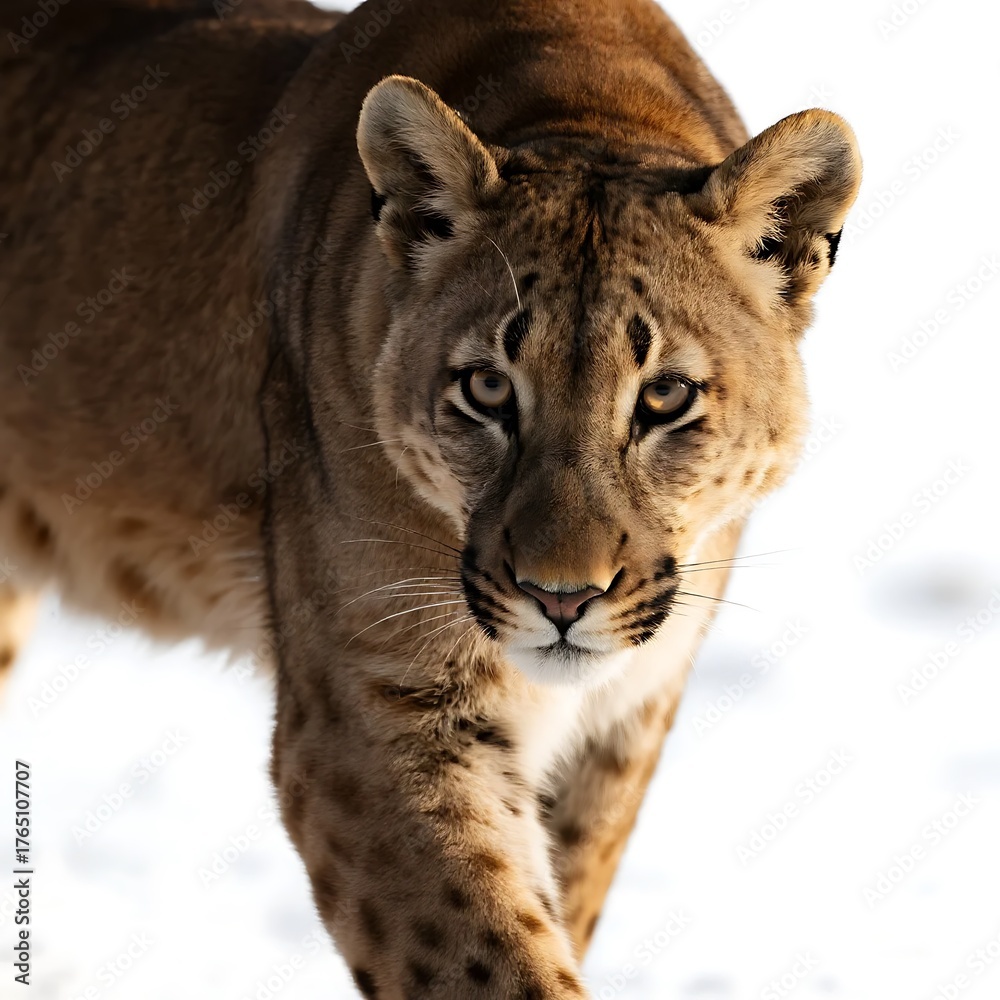 Fototapeta premium A close-up of a big cat walking through a snowy area, showcasing its unique fur and alert expression.