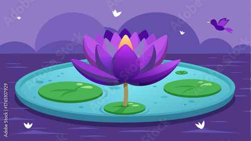 A closeup of a vibrant purple water lily floating in a small pond within the coastal wetlands accompanied by a chorus of chirping birds.