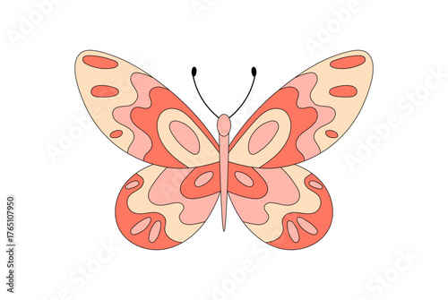 Groovy retro butterfly in pink pop cartoon graphic style and funky colorful shape. Cute groovy element blends abstract y2k look. Sticker format creates a bold, modern accent for creative projects.