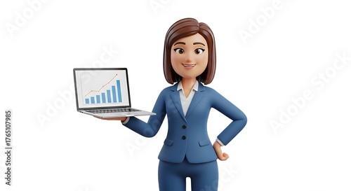 Confident cartoon businesswoman in a blue suit presents an increasing graph on a laptop, symbolizing growth and success.