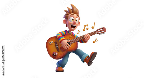 Enthusiastic cartoon character, strumming his guitar with joy. Music notes float, adding to the fun atmosphere.