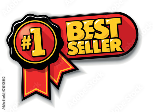 Best Seller sign on red award ribbon. Vector element on transparent background to highlight well selling product on your website, catalog, advertising