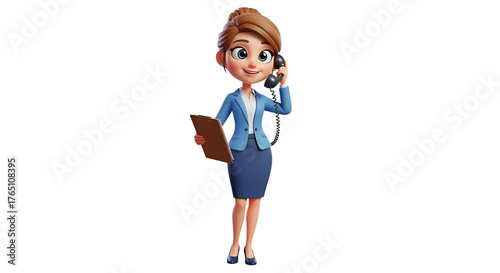 Animated business woman answering the phone, wearing a blue suit and holding a clipboard, standing straight.